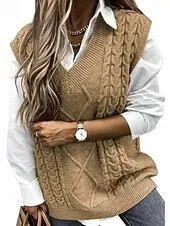 Women's Sweater Sweater Vest Streetwear Casual Solid Color Cable V Neck Knitted Sleeveless Regular Tops Knit Daily Holiday Weekend Wine Red Black Spring Fall