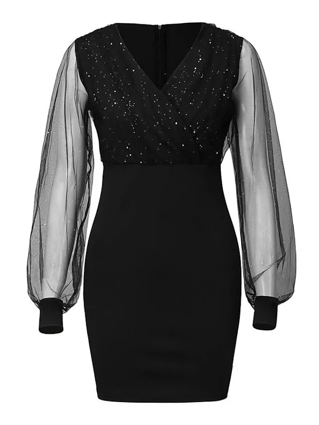 Women‘s Black Dress Wedding Guest Cocktail Dress Sexy V Neck Bodycon Patchwork Long Mesh Sleeve  Spring Summer