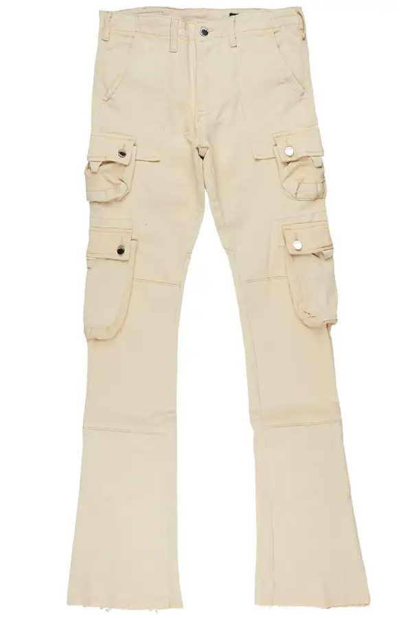 Elodie Beige Cargo Stacked Flare Jean
