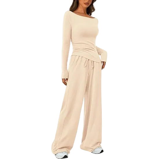 Women's 2-Piece Lounge Set – Asymmetrical Long Sleeve Top & Wide-Leg Pants, Casual Minimalist Tracksuit