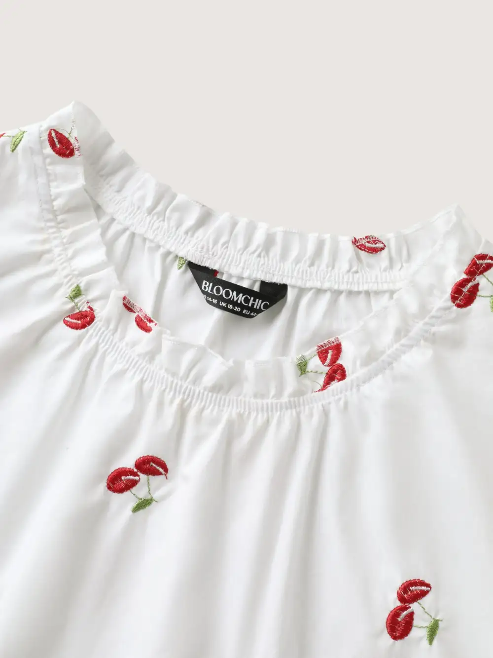 Cotton Cherry Embroidery Ruffled Neck Blouse