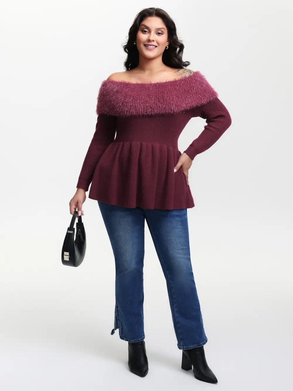 Sparkly Fur Off-Shoulder A-Line Pullover