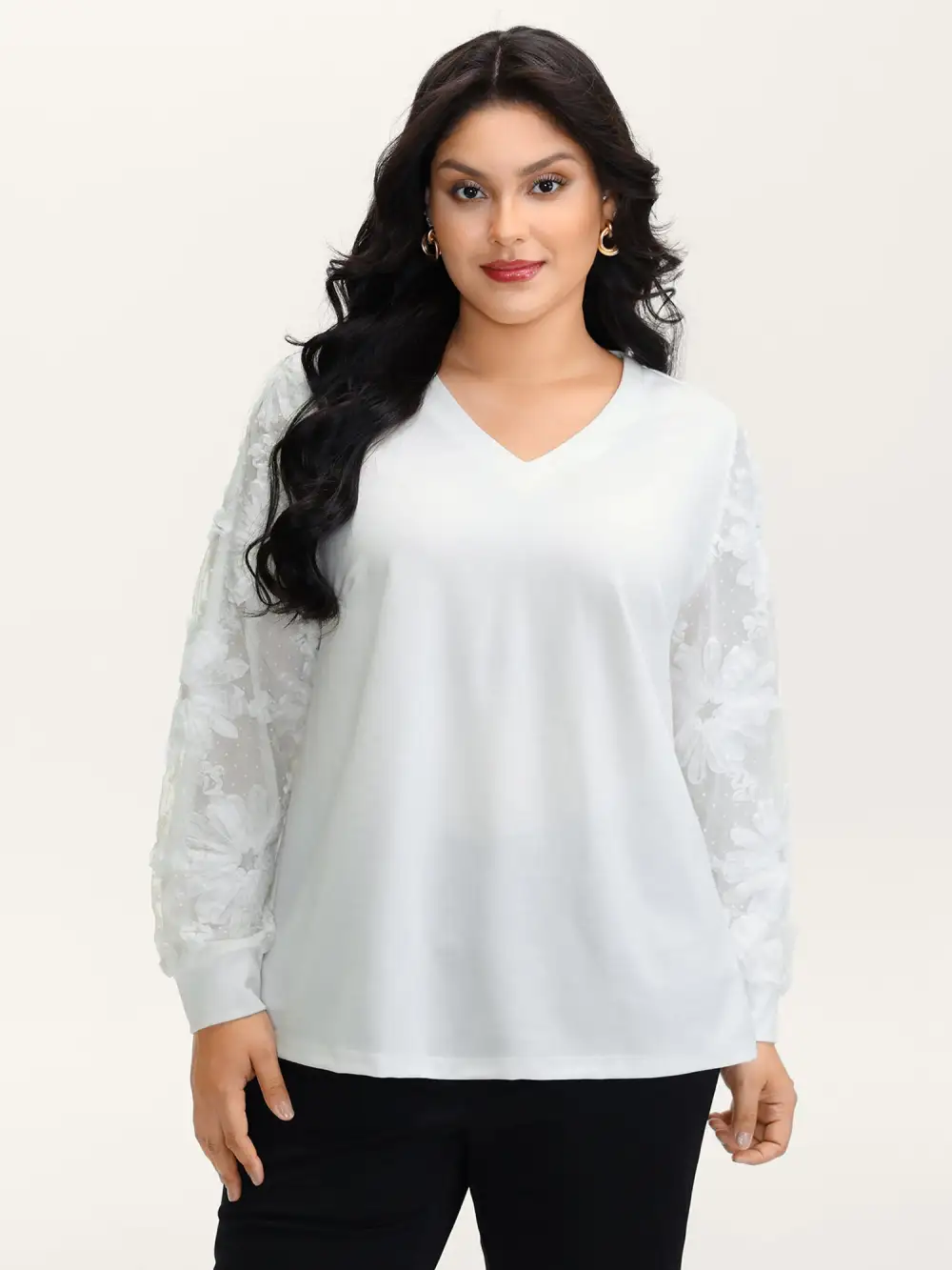 Textured Sheer Sleeve V-Neck T-Shirt