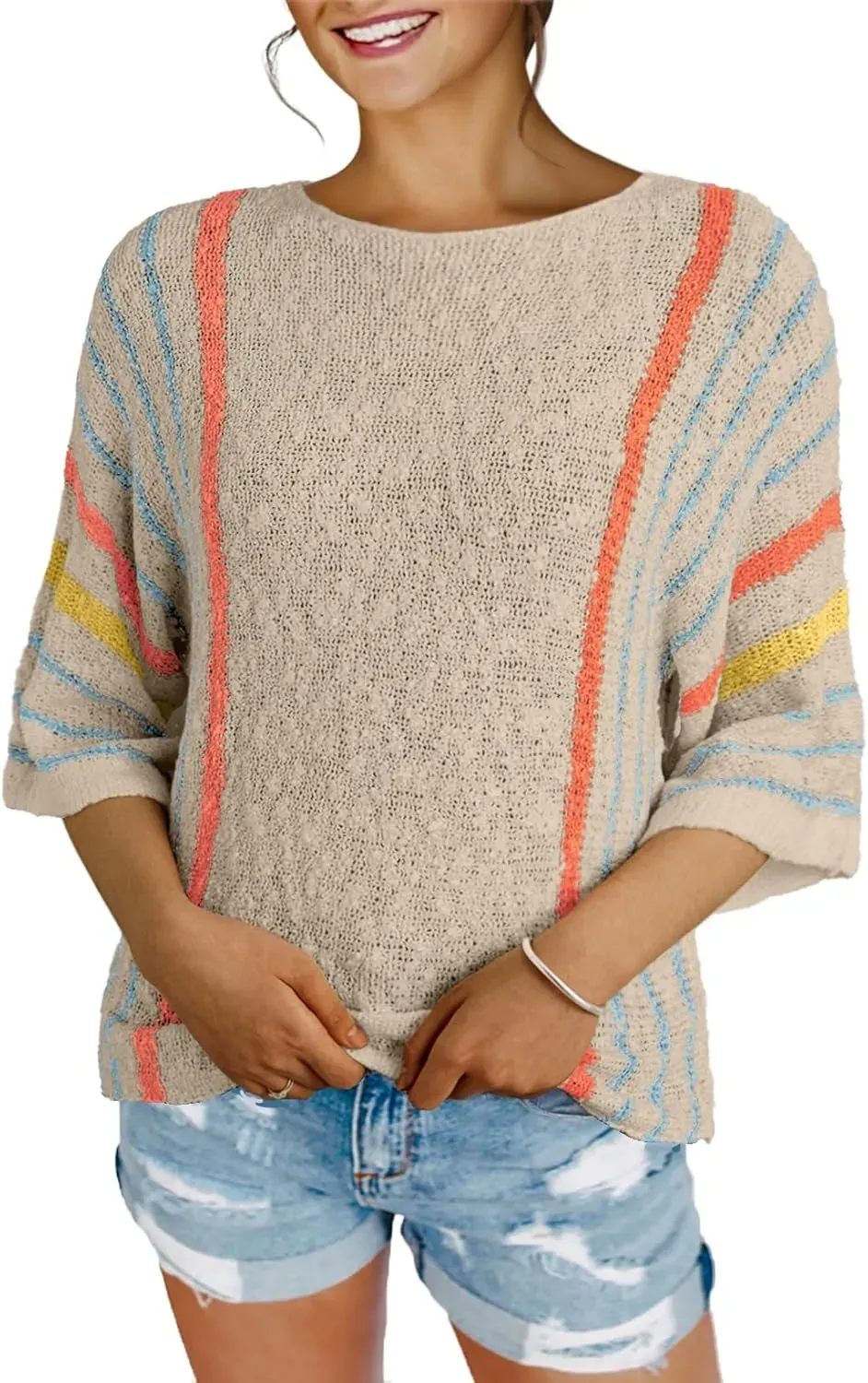 ✨Hot Sale-Women's Casual Color Block Striped Cable Knit Boho Sweater