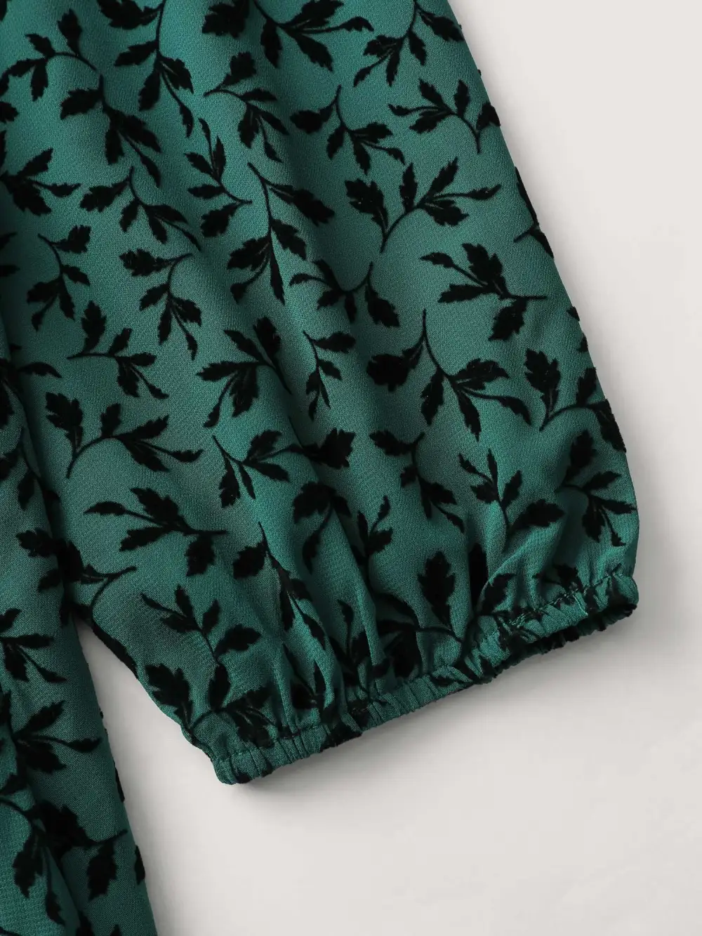 Flocked Floral Shirred Ruffled Neck Midi Dress