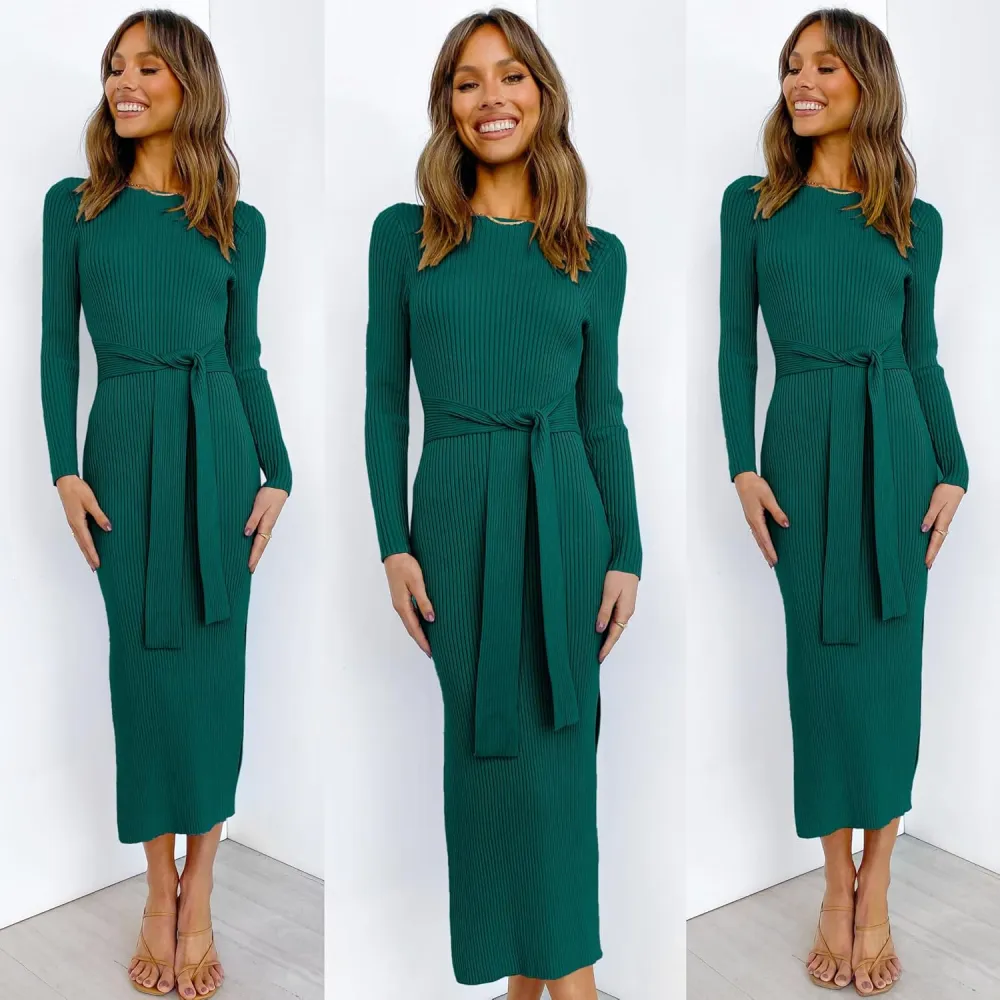 Long Sleeve Sweater Dress Crew Neck Slim Fit Slit Tie Waist 2024 Ribbed Knit Bodycon Midi Dress Fall Outfits