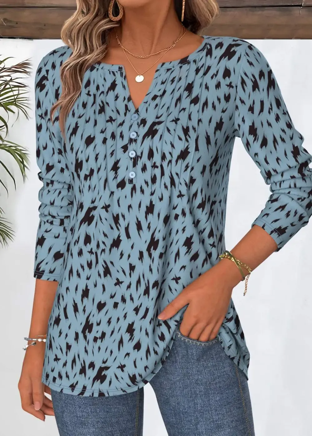 Dusty Blue Geometric Print Long Sleeve T Shirt