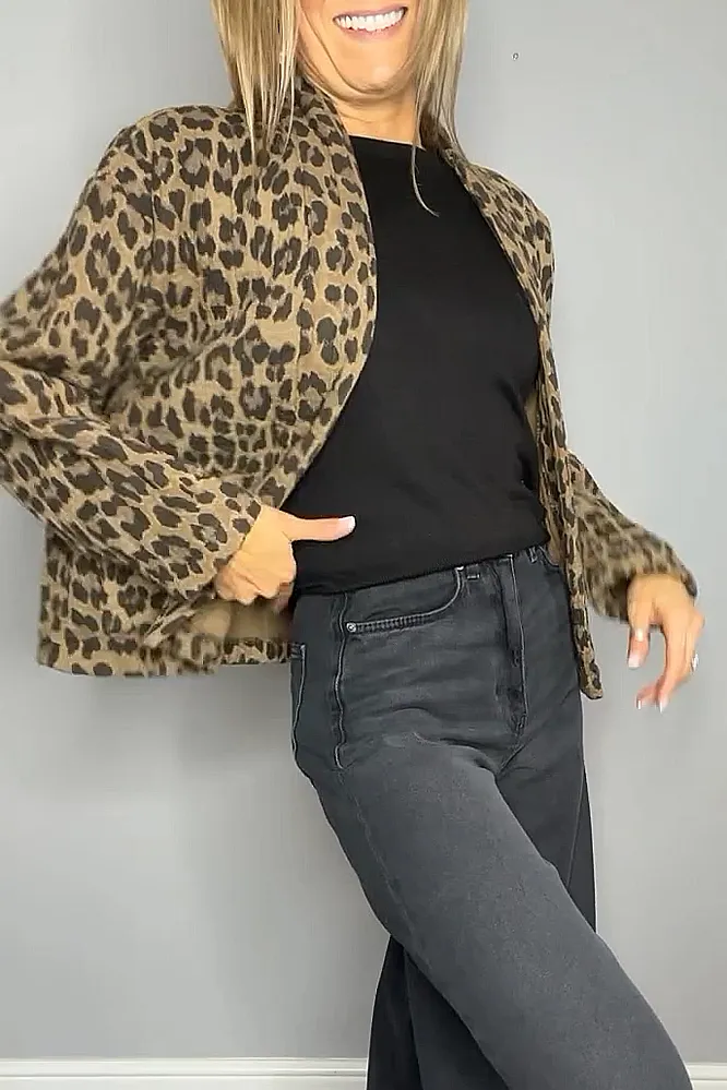 Women's leopard print jacket and solid color wide leg pants