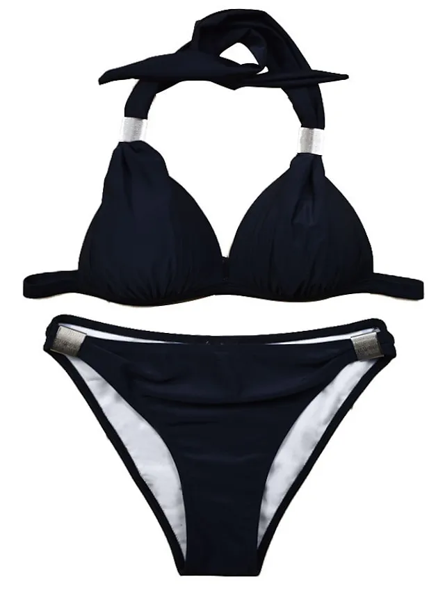 Women's Swimwear Bikini 2 Piece Normal Swimsuit Halter 2 Piece Open Back Sexy Pure Color Black Royal Blue Blue Sky Blue Halter V Wire Bathing Suits Sexy Vacation Fashion