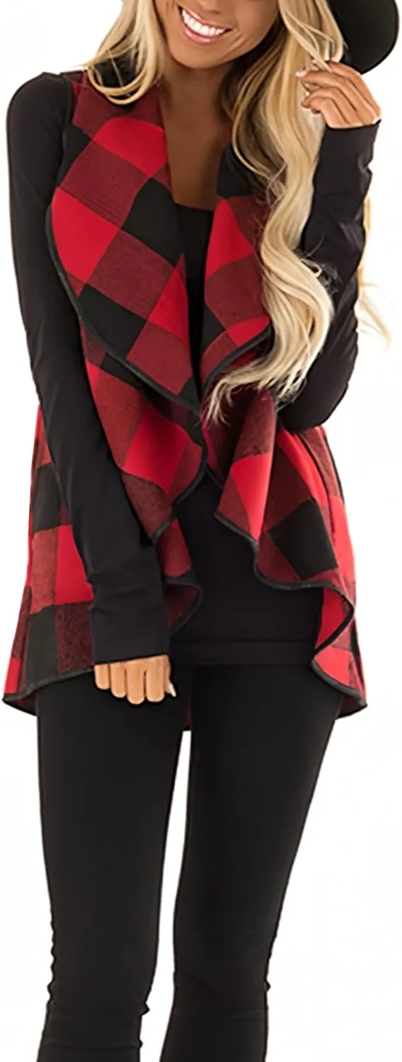 Womens Buffalo Plaid Vest Casual Lapel Open Front Sleeveless Cardigan Jacket Coat with Pockets