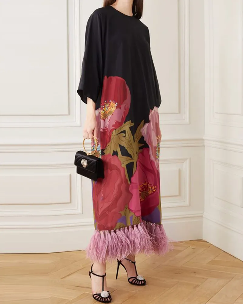 Feather tassel maxi dress print