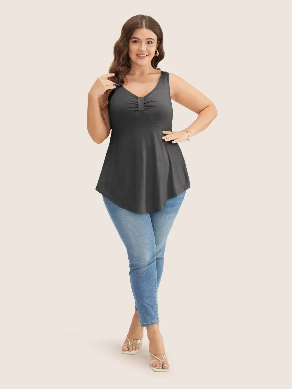 Solid Ruched Detail Asymmetrical Hem Tank Top