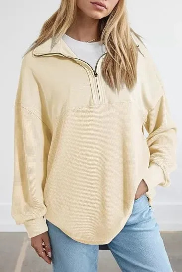 Oversized Waffle Knit Half Zip Pullover Soft Polyester Blend Long Sleeve Sweatshirt
