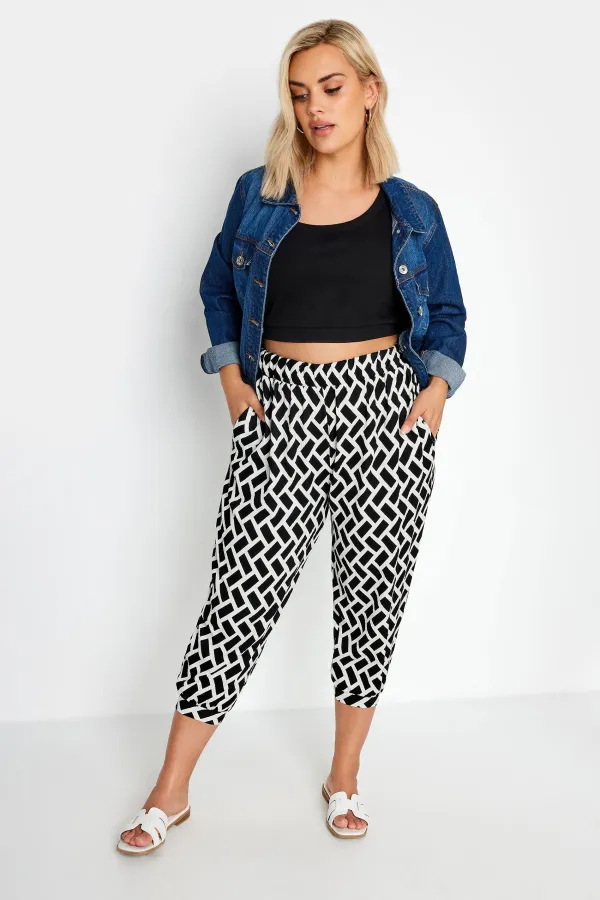 YOURS Curve Yellow Ikat Print Textured Cropped Harem Trousers