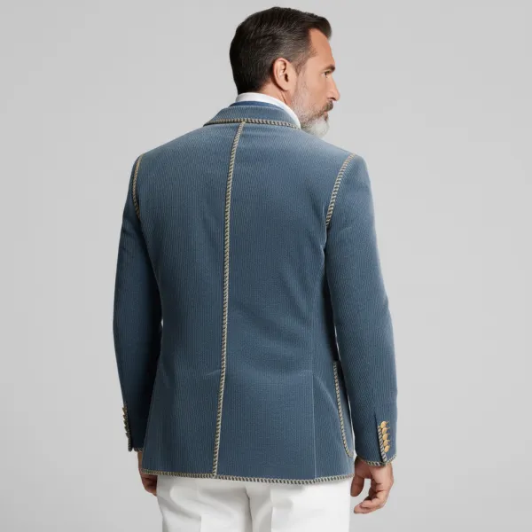 Men's Blue Corduroy Notch Lapel Double Breasted Long Sleeve Contrast Trim Patch Pocket Blazer