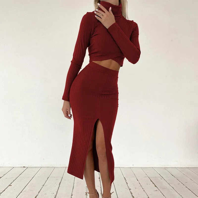 High neck long sleeve T-shirt high waist split skirt casual suit
