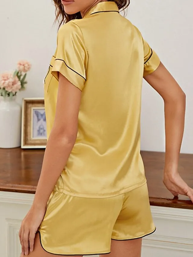 Women's Pajamas Sets Nighty Pjs 2 Pieces Heart Comfort Sweet Home Satin Lapel Short Sleeve Shorts Button Pocket Spring Summer Blue Yellow / Silk / Embroidery
