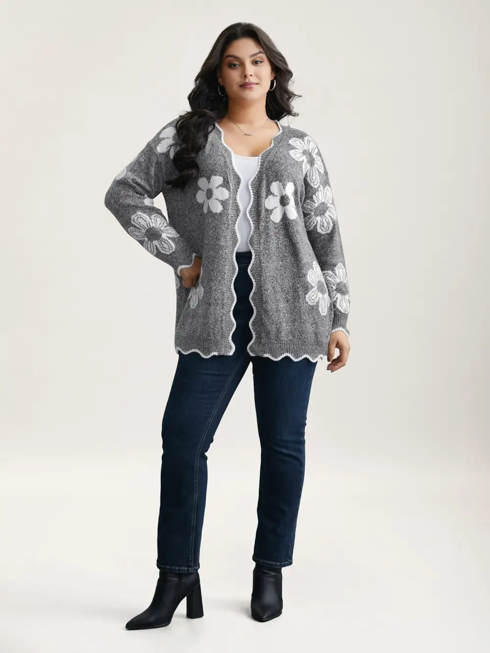 Floral Pattern Open-Front Knitted Cardigan