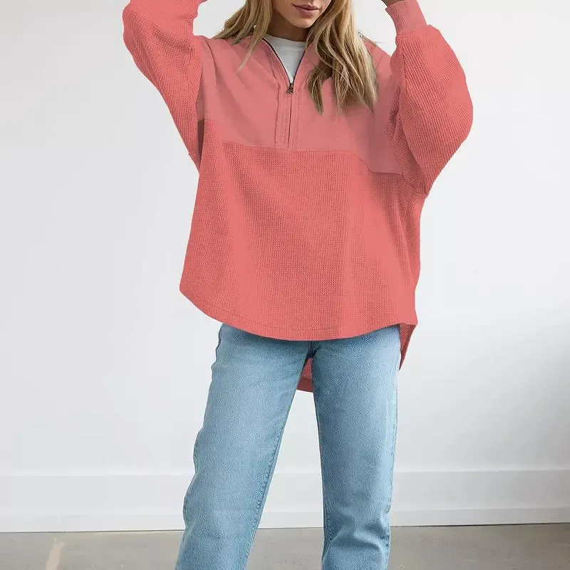 Oversized Waffle Knit Half Zip Pullover Soft Polyester Blend Long Sleeve Sweatshirt