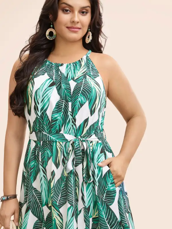 Tropical Print Knotted Pocket Ruffles Belted Halter Dress