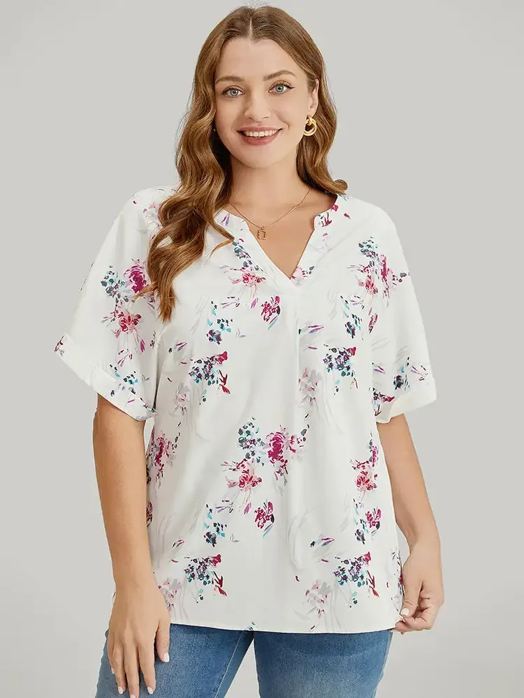 Floral Roll Batwing Sleeve Notched Neck Blouse