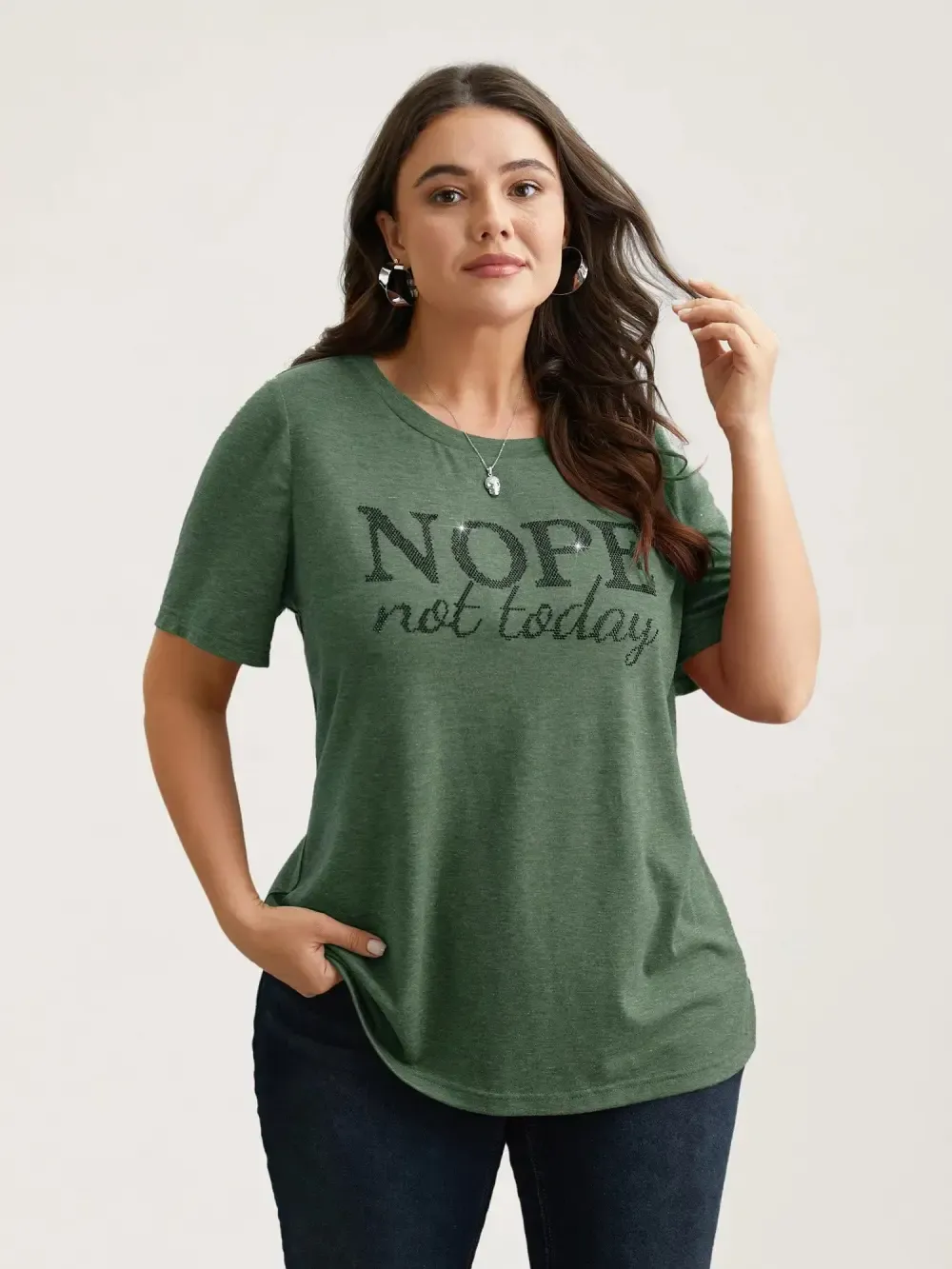 Nope Not Today Print Rhinestone Round Neck T-Shirt