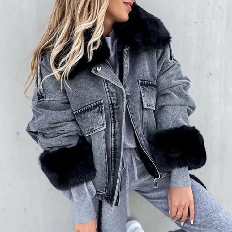 Winter Faux Fox Fur Collar Jacket Denim Women Elegant Big Pockets Jacket