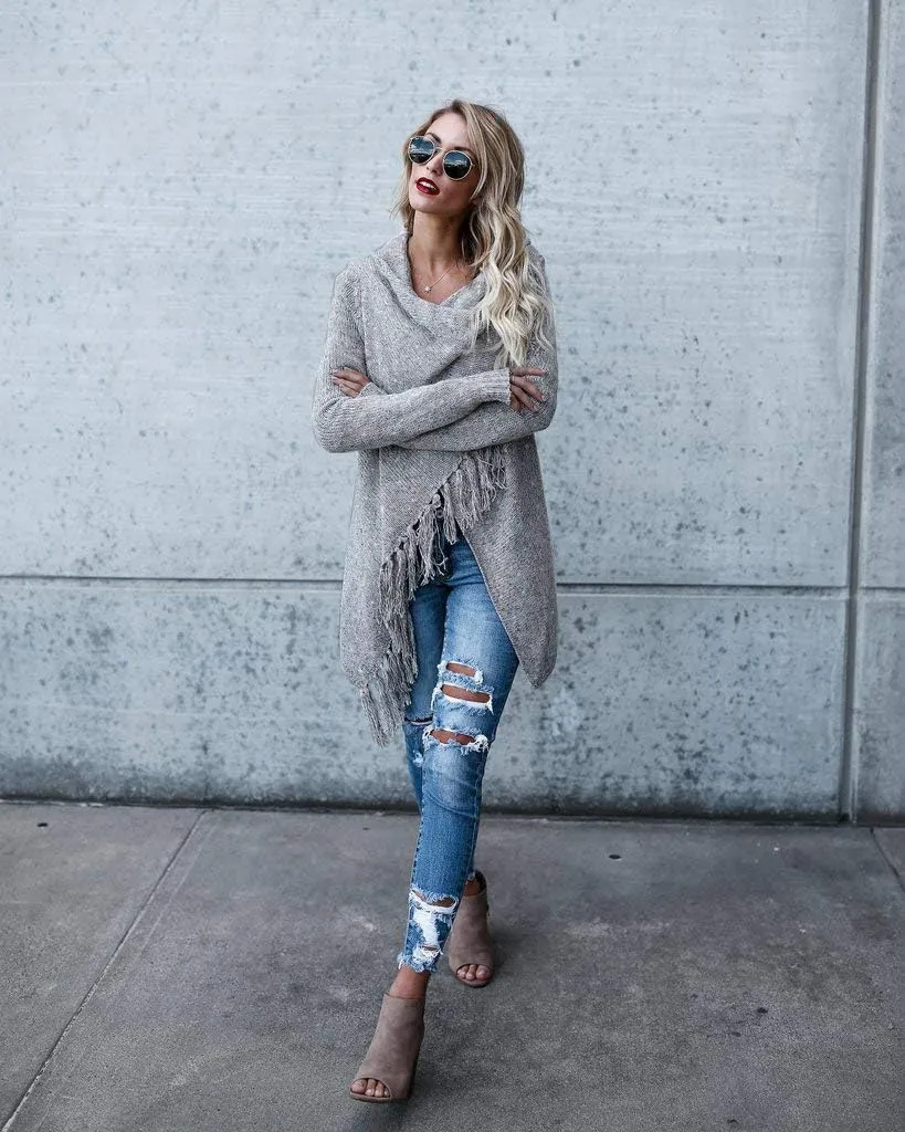 Women's Tassel Hem Sweater Long Cardigan Knitwer Pullover Poncho Coat
