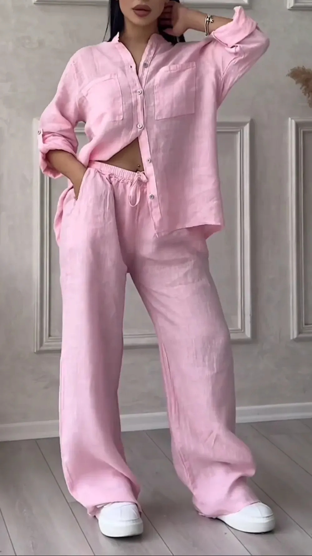 Women's V-neck Cotton and Linen Casual Suit