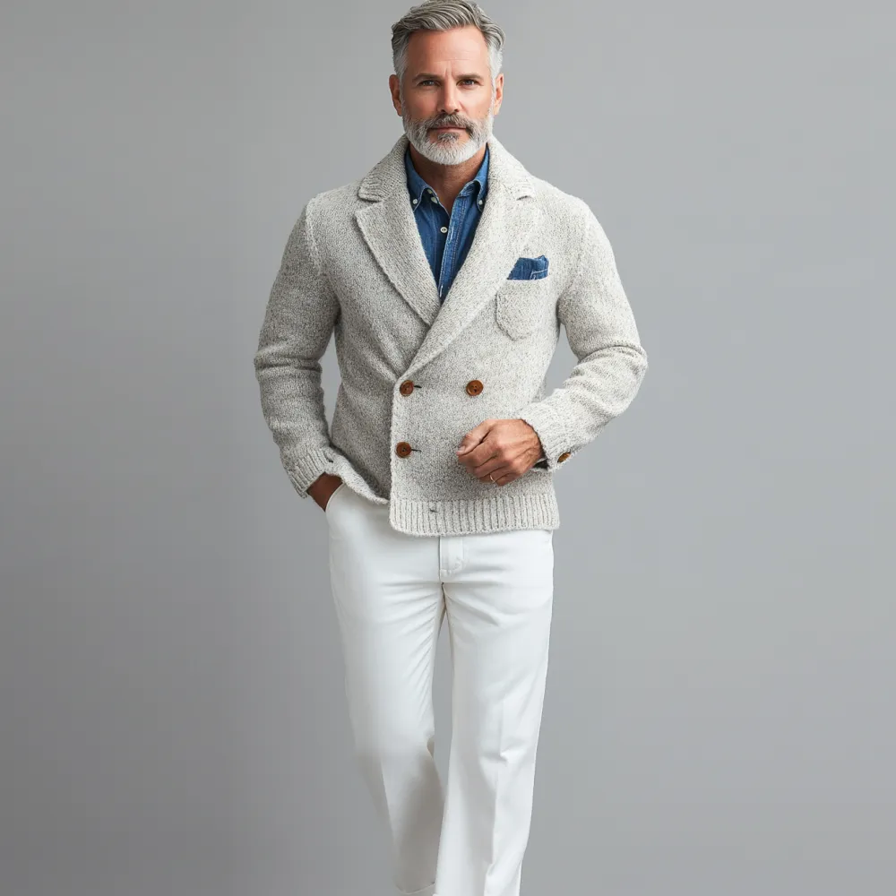 Men's Business Lapel Collar Double Breasted Chest Pocket Knit Jacket