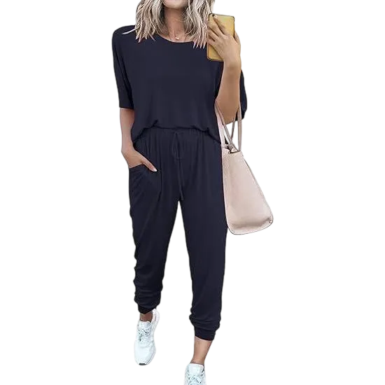 Women’s 2-Piece Summer Lounge Set, Short Sleeve Crew Neck Top & Drawstring Joggers with Pockets, Comfy Tracksuit