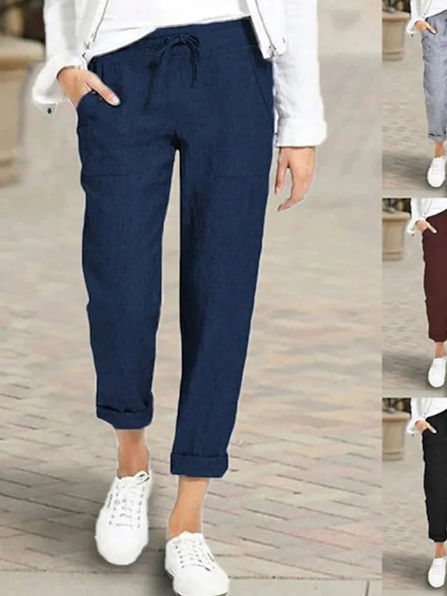 Women's Pants Trousers Capri shorts Baggy Faux Linen Solid Colored Baggy Ankle-Length Mid Waist Basic Casual Daily Black Wine S M Summer Spring &  Fall