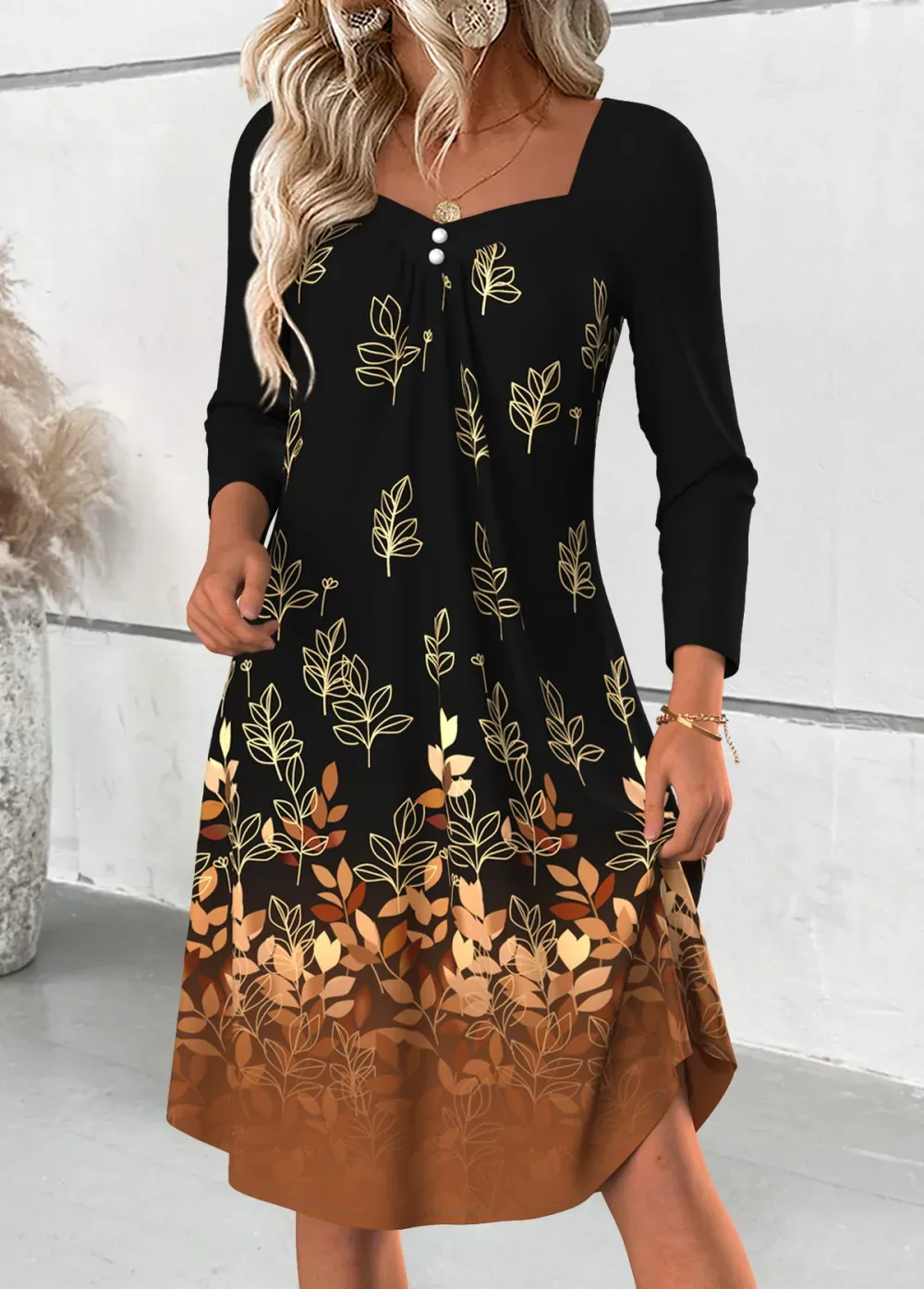 Black Tummy Coverage Leaf Print Long Sleeve Dress