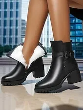 Women's Black Leather Ankle Boots - Warm Fur Lined Mid Heel Winter Booties with Side Zipper and Buckle for Cold Weather, Work & Outdoor Wear