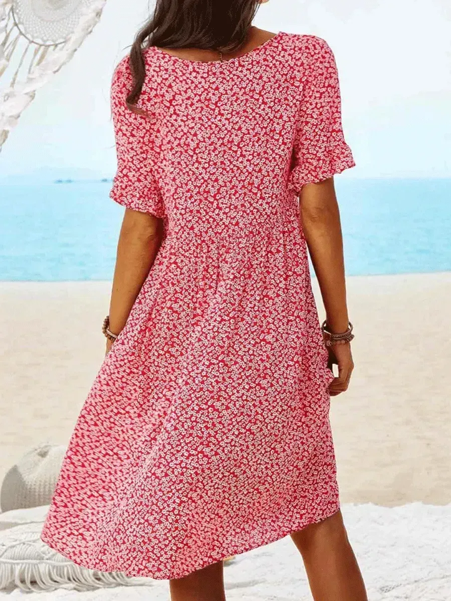 Floral Print Mid-length Casual Short-sleeved Shift Dress
