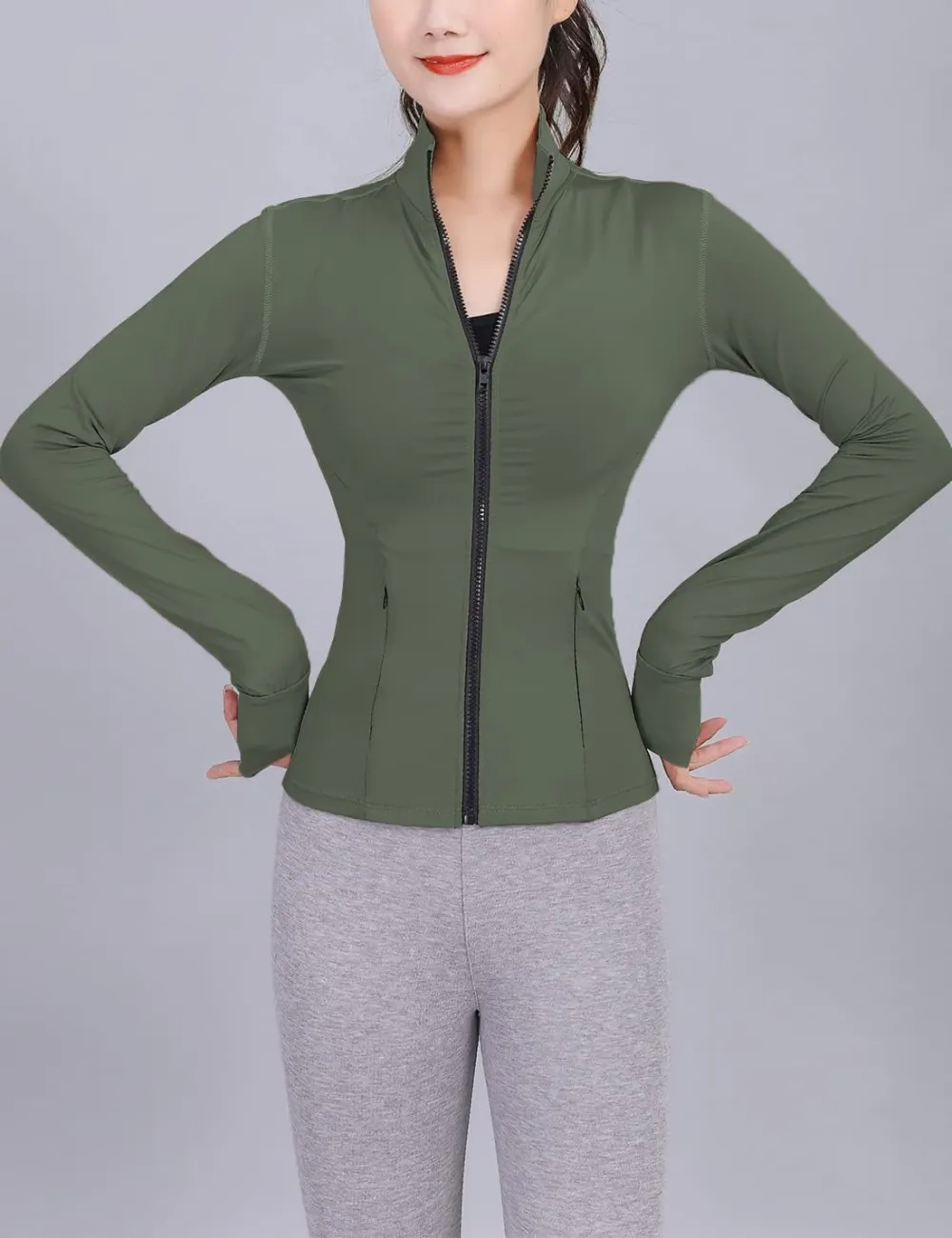 Womens Lightweight Full Zip Running Track Jacket Workout Slim Fit Yoga Sportwear with Thumb Holes