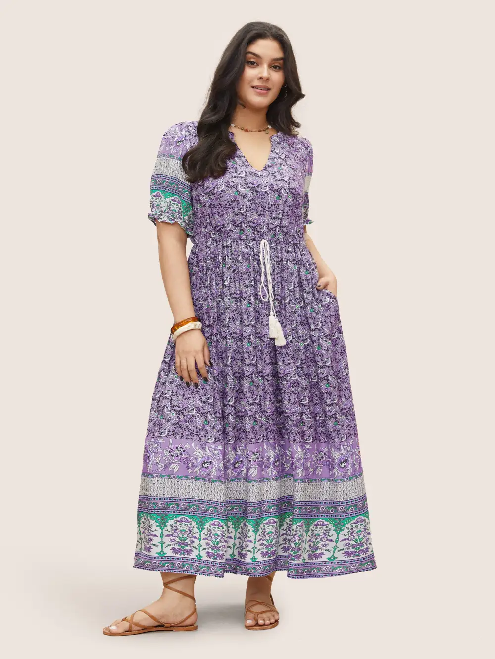 Boho Print Notched Ties Tassel Trim Dress