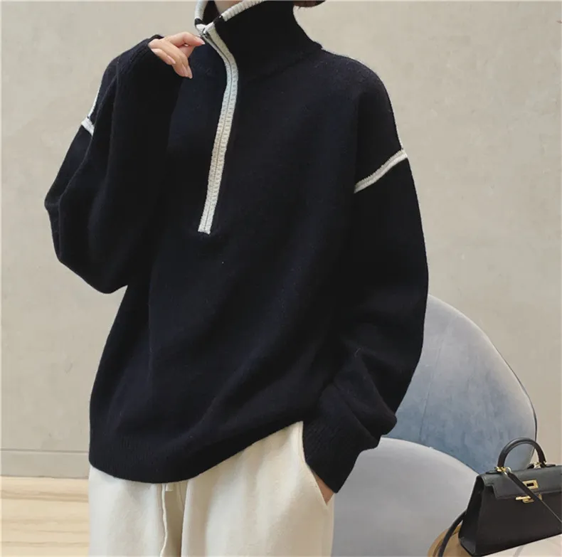 Stand Collar Zip Colorblock Loose Fashion Sweater