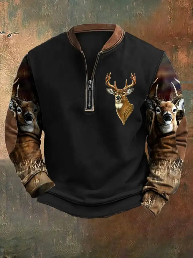 Men's Casual Vintage Camouflage Elk Zip-Up Sweatshirt