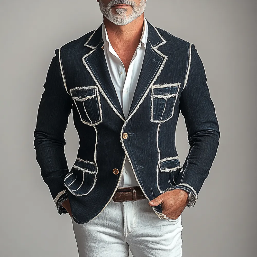 Men's Business Notched Lapel Two Button Contrast Binding Denim Jacket