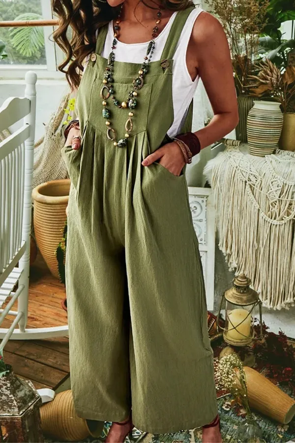 Solid Pocket Design Wide Leg Jumper Overalls