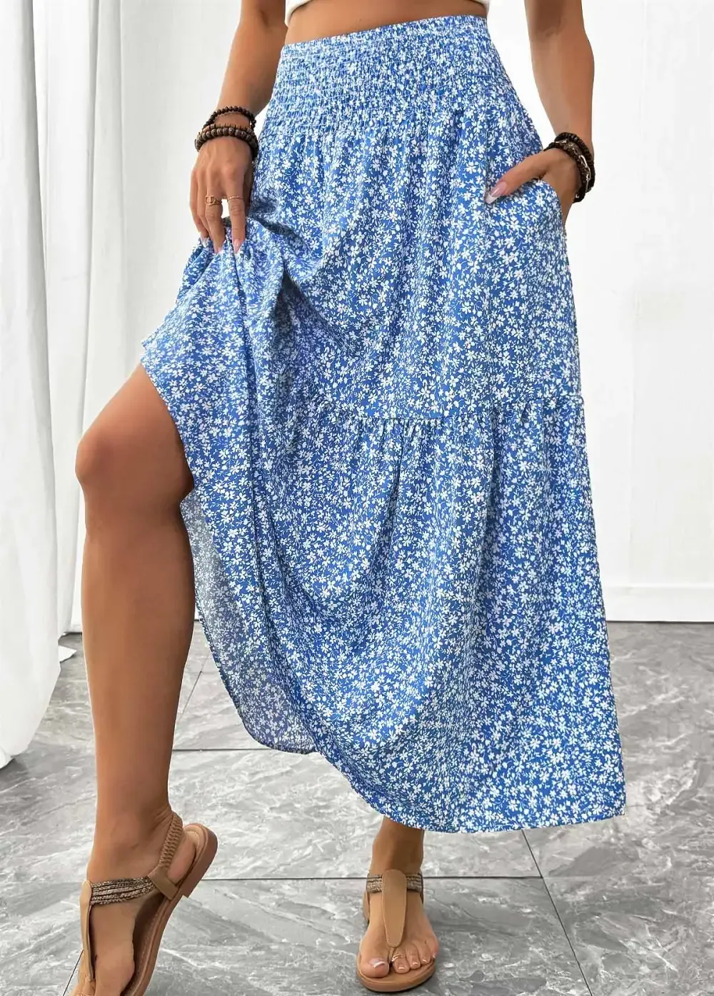 Blue Ditsy Floral Print A Line Elastic Waist Skirt