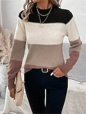 Women's Sweater Pullover Sweater Jumper Casual Soft Striped Ribbed Crew Neck Knitted Long Sleeve Regular Tops Knit Outdoor Daily Weekend Camel Apricot Fall Winter