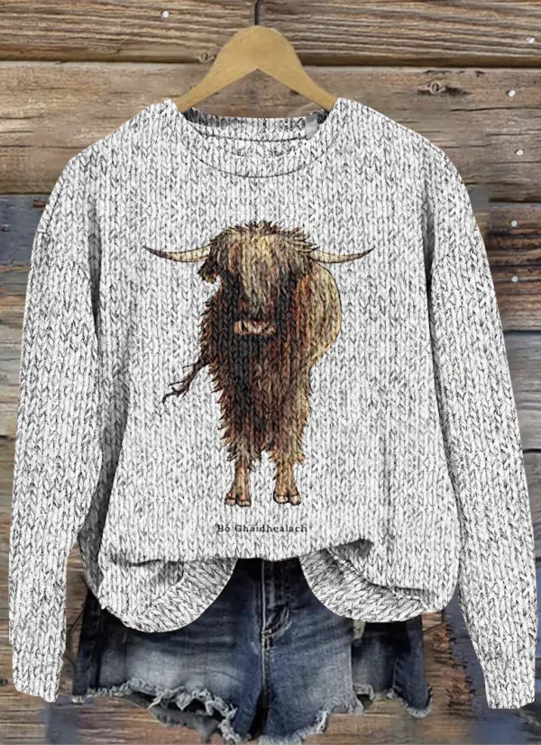 Scottish Highland Bull Round Neck Sweater