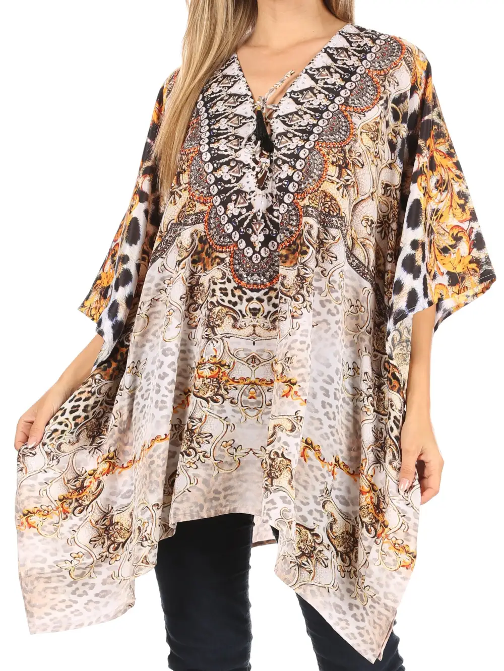 Women's Caftan Poncho Cover up V neck Top Lace up With Rhinestone