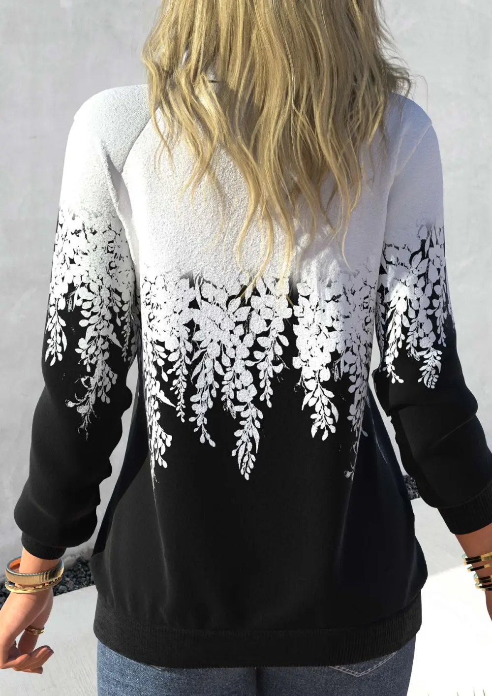 Black Zipper Leaf Print Long Sleeve High Neck Sweatshirt