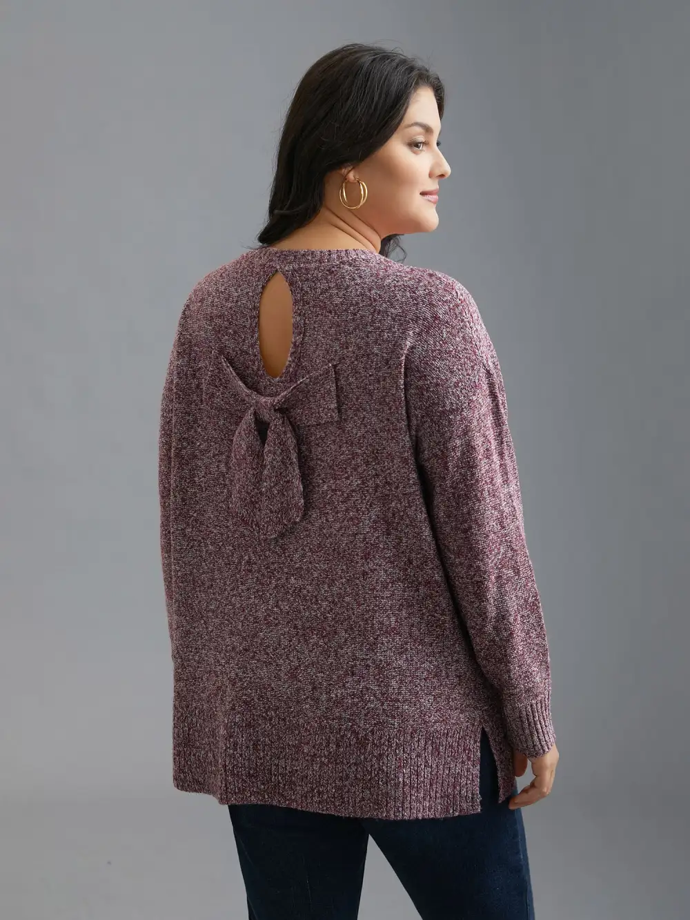 Texture Bowknot Cut Out Slit Hem Pullover