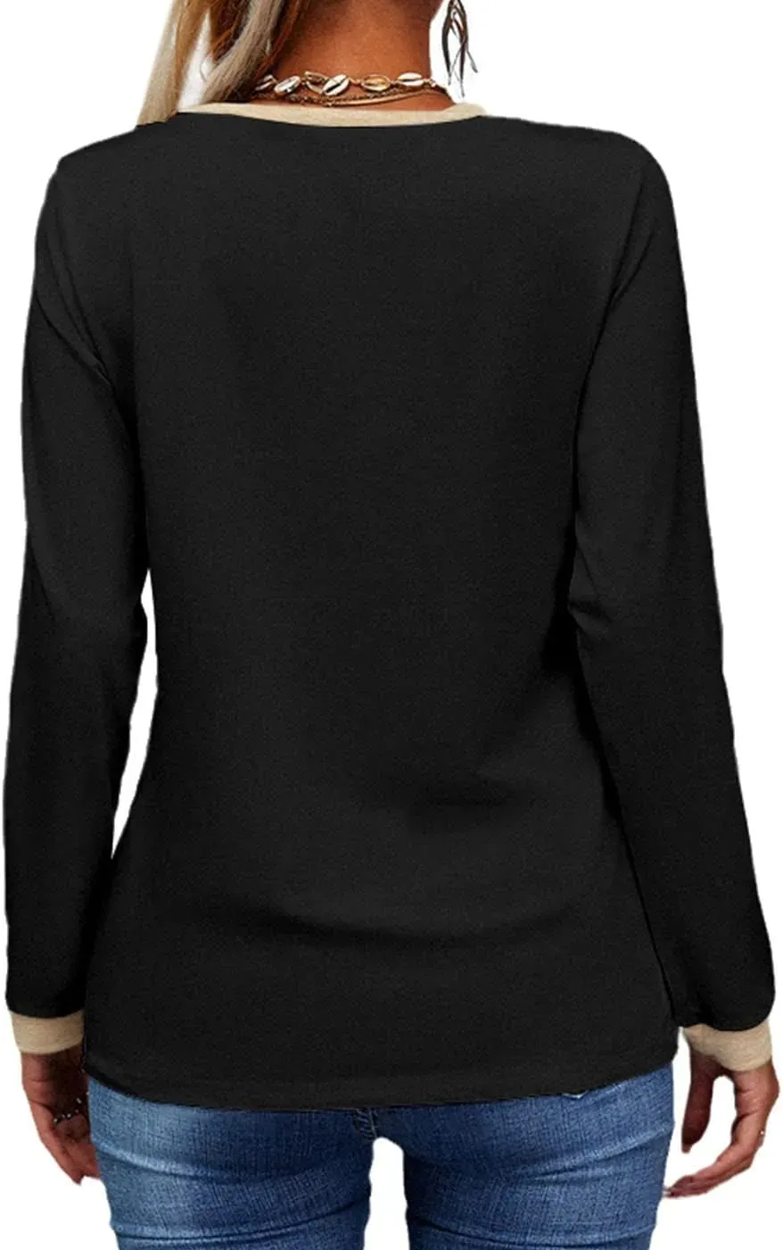 ✨Womens Long Sleeve T Shirts Casual V Neck Color Block Tunic Tops