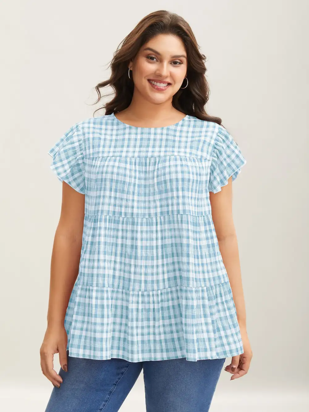 Plaid Print Textured Lotus Leaf Sleeve Shirt