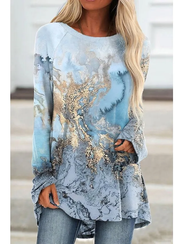 Women's T shirt Tee Tunic Shirts Tunic Blue Graphic Print Long Sleeve Daily Weekend Tunic Basic Round Neck Long Abstract Painting Plus Size L